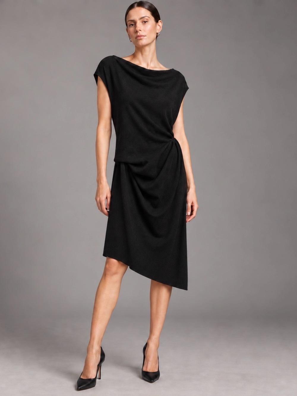 Helmut Lang Black Wool Ruched Draped Asymmetric Midi Dress L Made USA